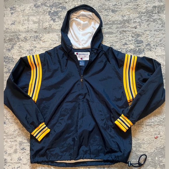 Vintage Champion Lined Windbreaker Pullover Jacket S | 90s Navy/Gold Striped - Picture 1 of 16